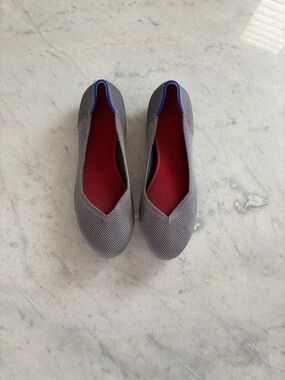 Rothy's Grey Knit Slip-On Flats with Red Insole and Blue Trim